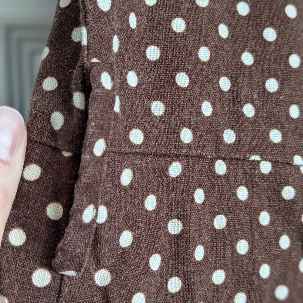 Zara Brown White Button Down Linen Blend Polka Dot Dress Size L Missing Belt - Picture 5 of 11